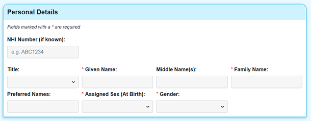 Personal Details section of enrolment form